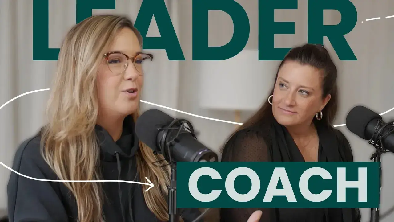Photo of 2 participants with the text "Leader -> coach"